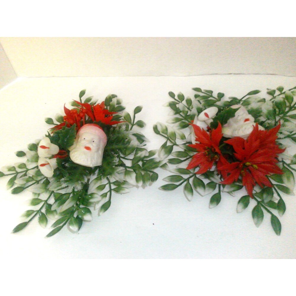 1960s Plastic Christmas Wall Hanging w/Santa Claus Face  greenery, poinsettias,